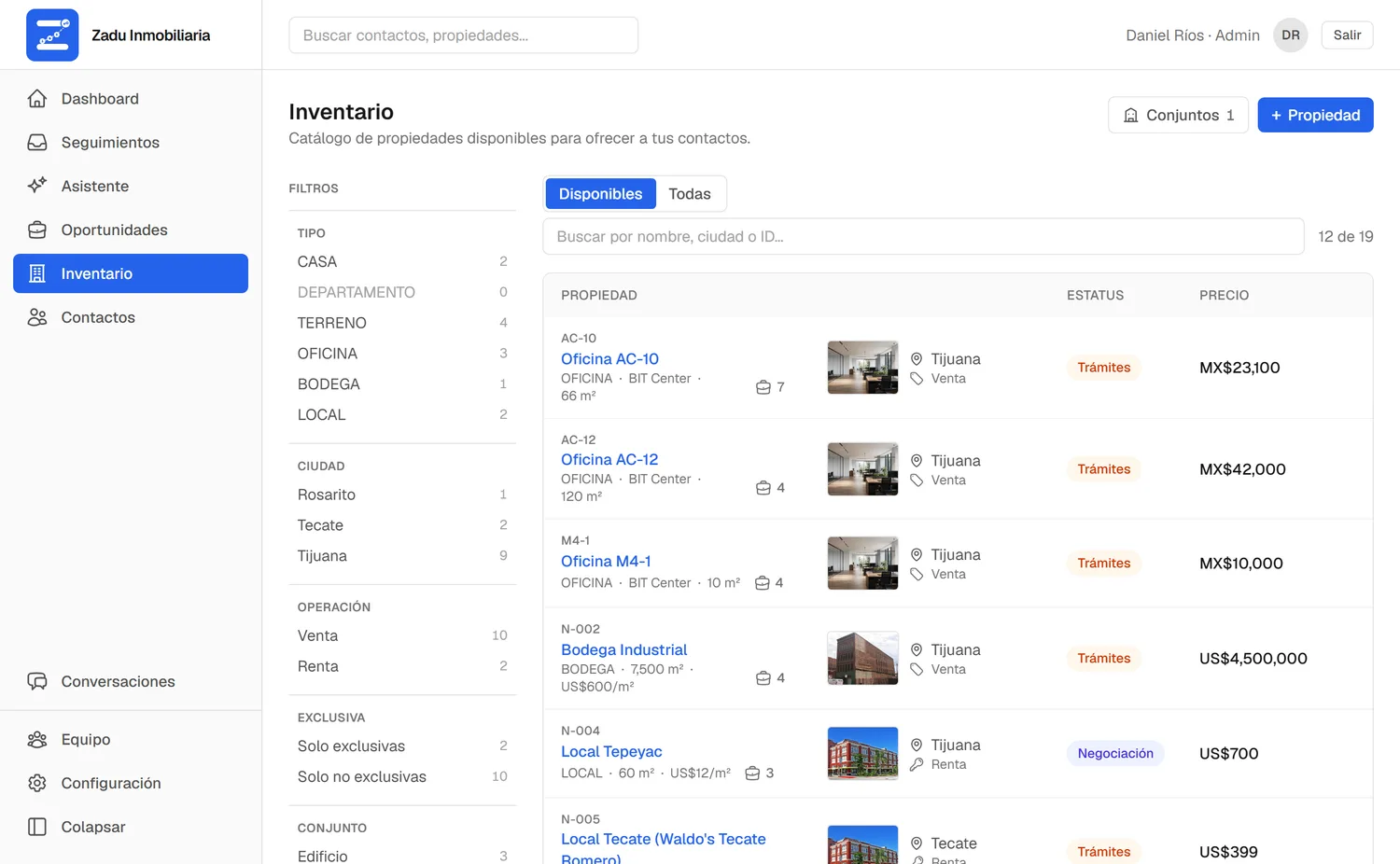 Inventario de propiedades de ZaduCRM con foto de portada, tipo, ciudad, estatus comercial y precio de cada una, y filtros por tipo, ciudad, operación y exclusiva